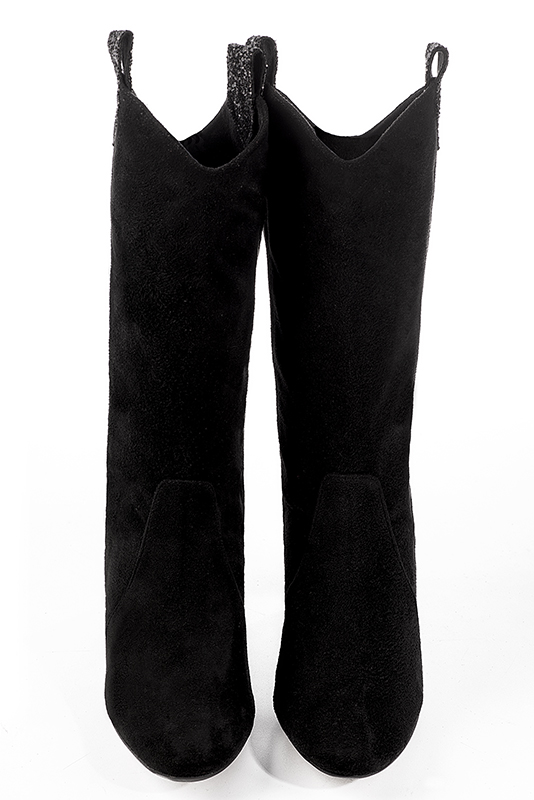 Matt black women's mid-calf boots. Round toe. High block heels. Made to measure. Top view - Florence KOOIJMAN